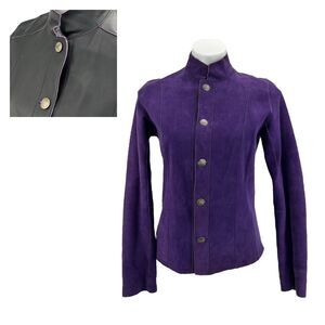 CHICO’S Purple Suede Black Leather Jacket Reversible Women's SZ L Art To Wear